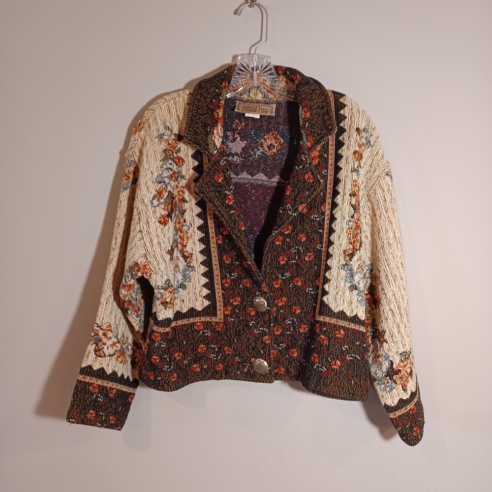 Vintage-Inspired Floral Knit Jacket - Brown & Cream